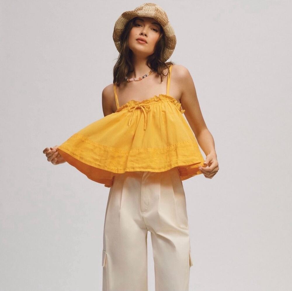 NWOT Anthropologie Pilcro Flowy Tank Top Small Orange Linen Blend Ruffle Cami